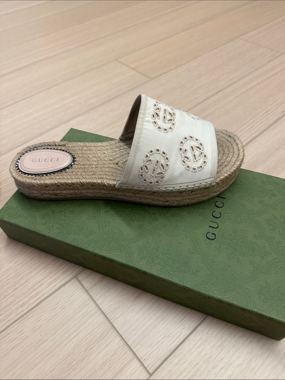 Gucci Cream Embroidered Espadrille Slide Sandals